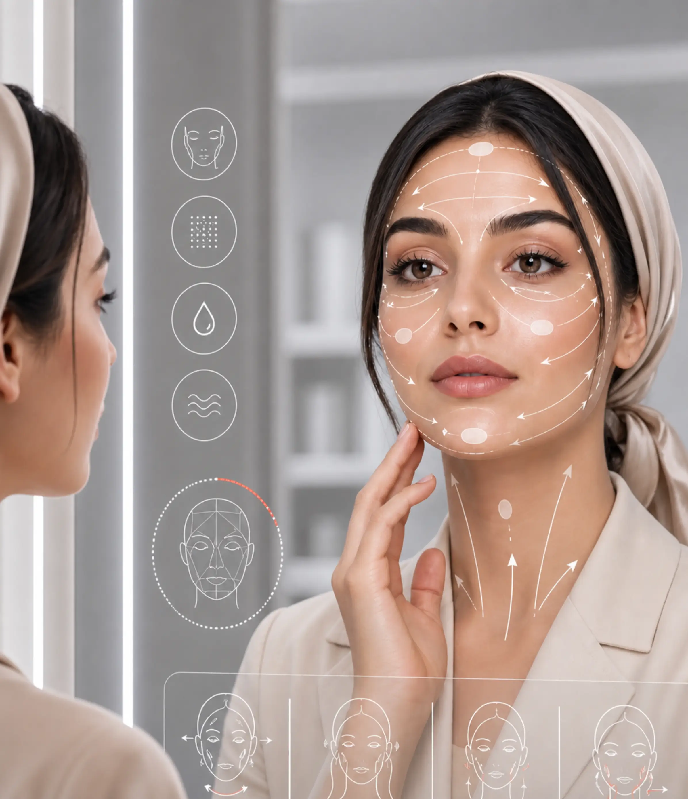 مرآة forYou الذكية مع خريطة عناية AR وتحليل الوجه وتوصيات مستحضرات التجميل